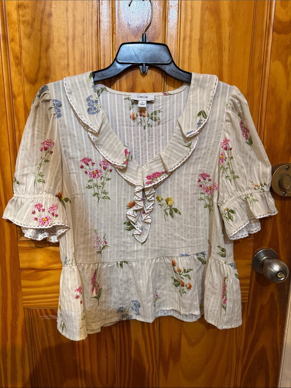 CeCe Cream Floral Ruffled Peasant Blouse